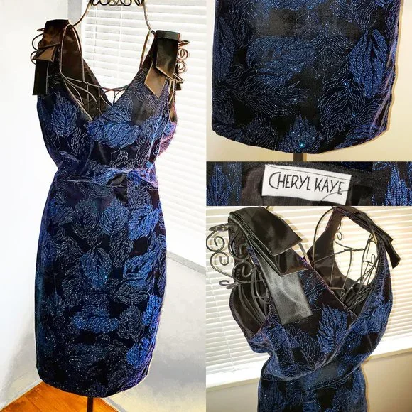 Vintage 90s Sparkley Midnight Blue Hourglass, Holiday Dress Bows S